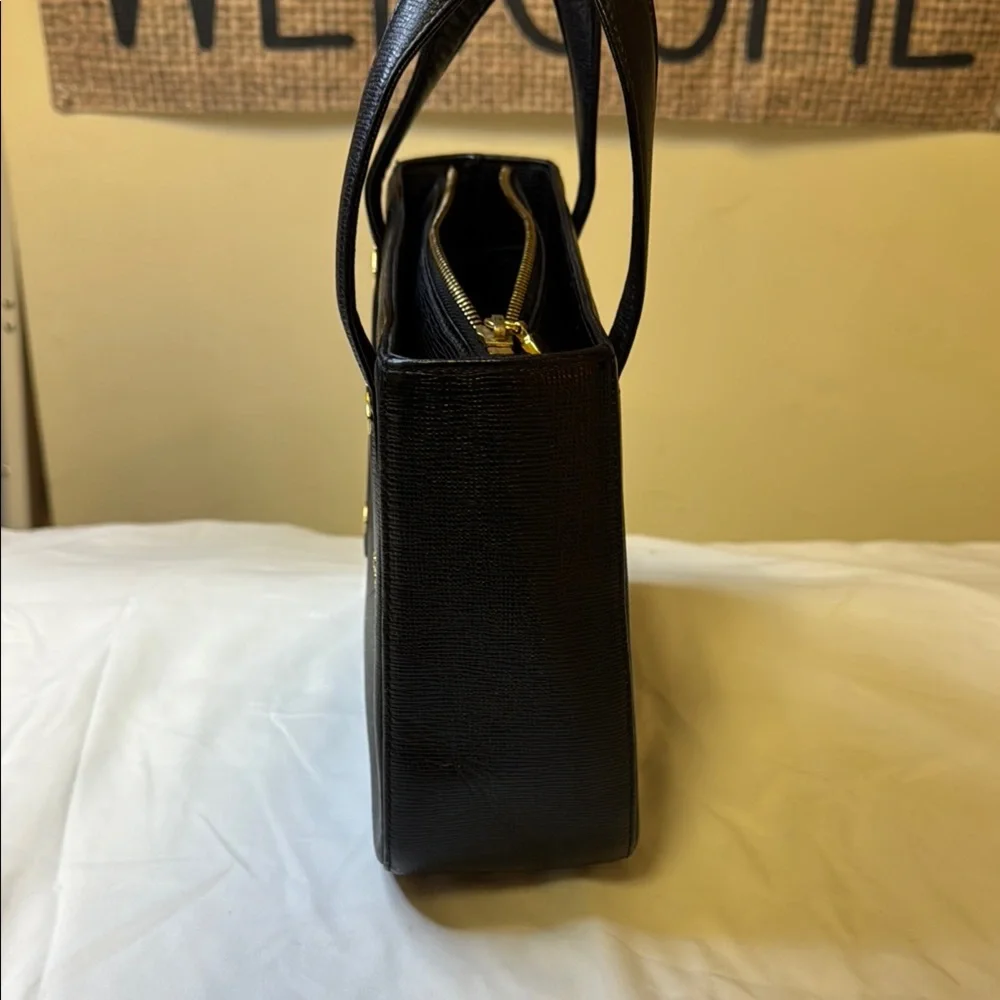 Vintage MCM Structured‎ Black Leather Satchel – Gold Hardware – Rare Style E7844